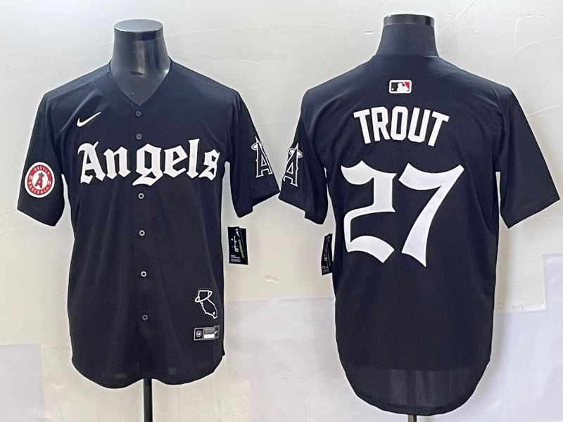 Men 2025 Los Angeles Angels #27 Trout Black Five generations Joint Name Nike MLB Jersey style 15-0